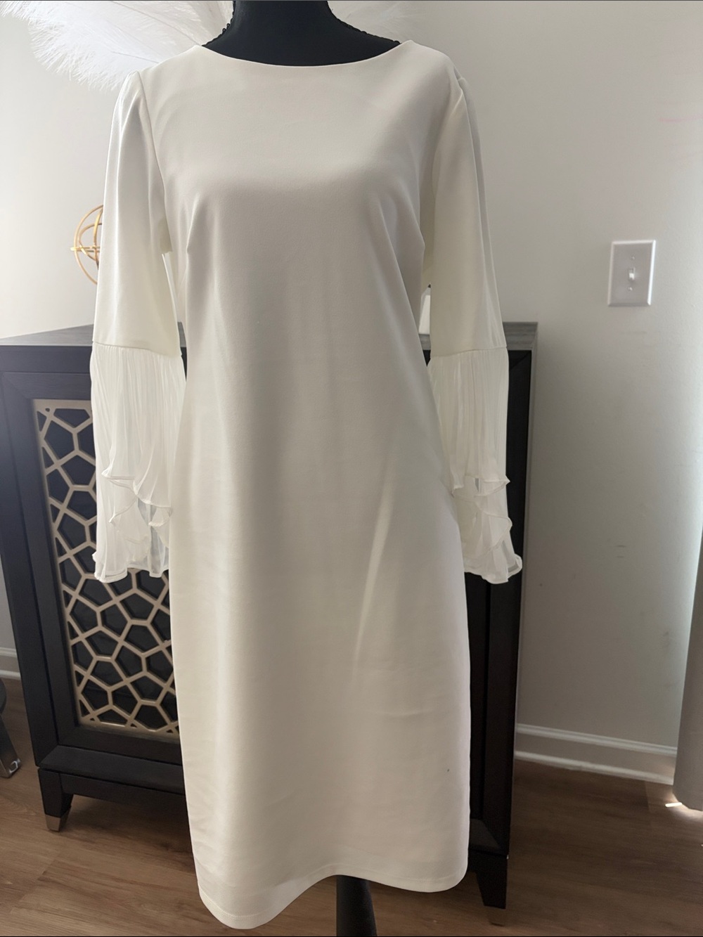 Shelby & Palmer Cream Midi Dress with Pleated Ruffle Sleeves